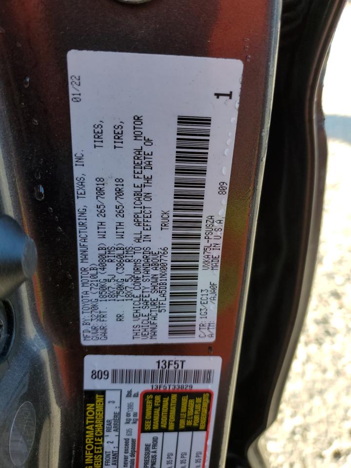 2022 TOYOTA TUNDRA CREWMAX SR VIN:5TFLA5DB1NX007766