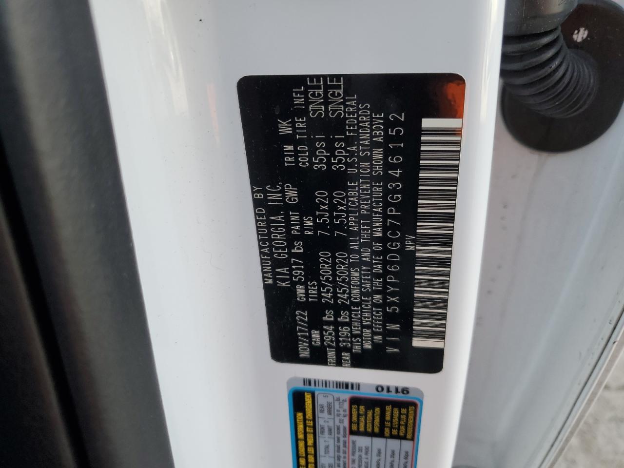 2023 KIA TELLURIDE S VIN:5XYP6DGC7PG346152