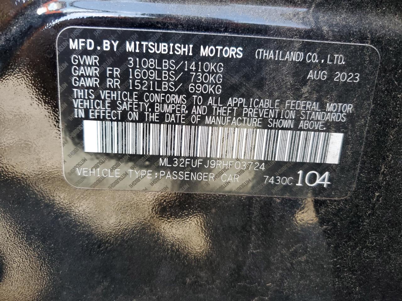 2024 MITSUBISHI MIRAGE G4 ES VIN:ML32FUFJ9RHF03724