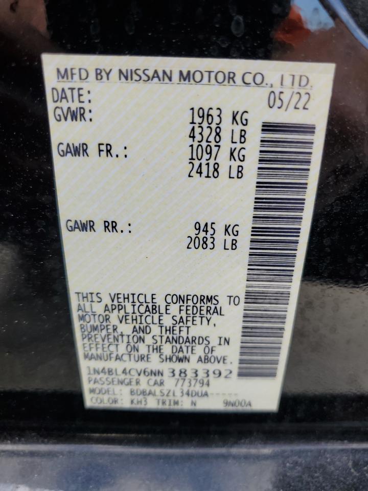 2022 NISSAN ALTIMA SR VIN:1N4BL4CV6NN383392