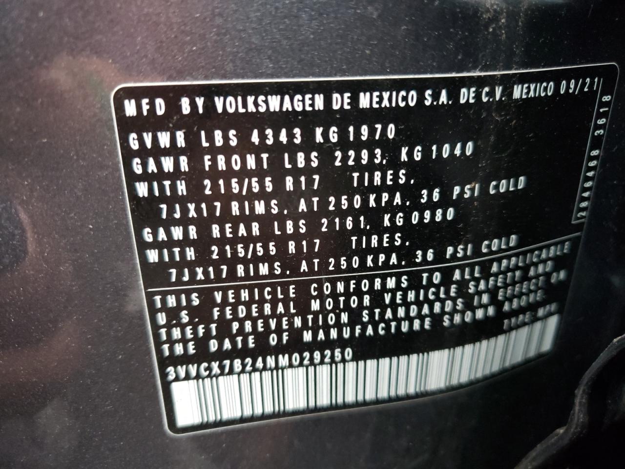 2022 VOLKSWAGEN TAOS S VIN:3VVCX7B24NM029250