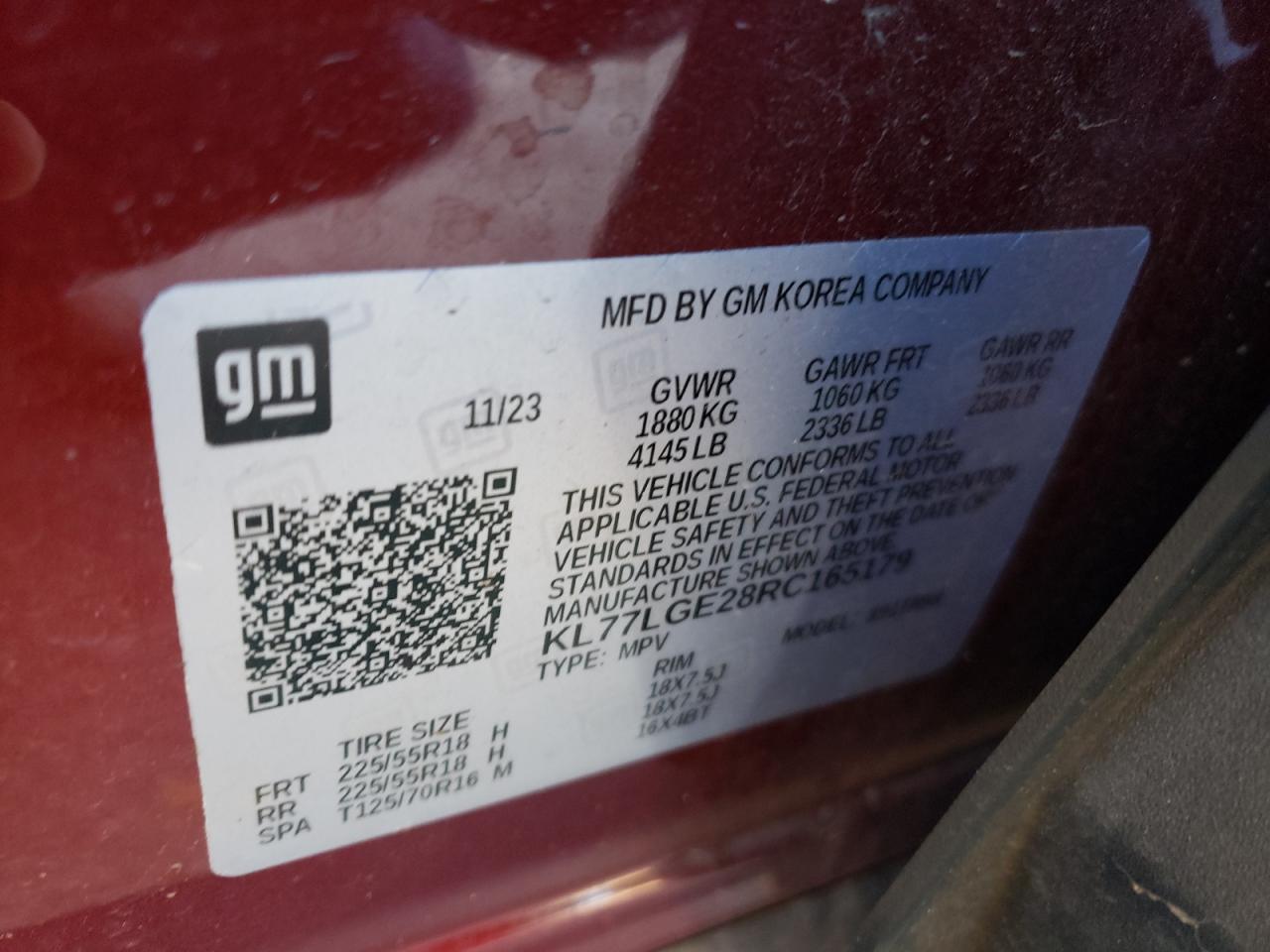 2024 CHEVROLET TRAX 1RS VIN:KL77LGE28RC165179