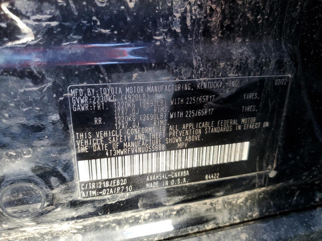 2022 TOYOTA RAV4 LE VIN:4T3MWRFV4NU055688