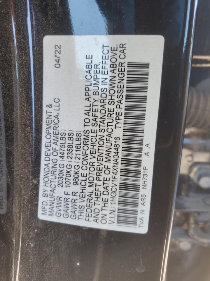 2022 HONDA ACCORD SPORT SE VIN:1HGCV1F4XNA044816