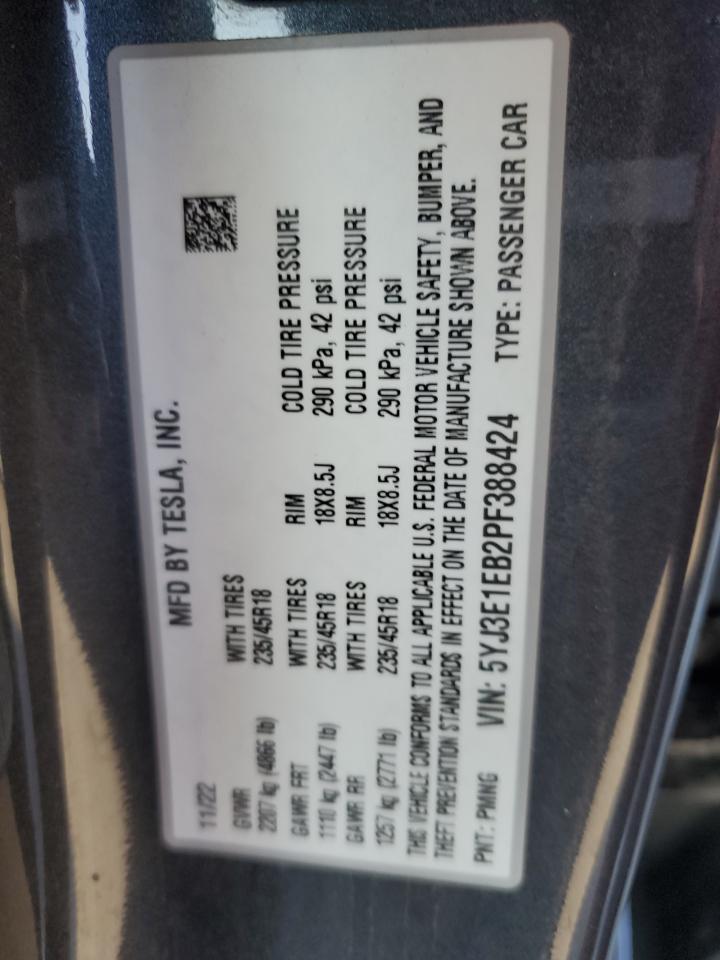 2023 TESLA MODEL 3  VIN:5YJ3E1EB2PF388424