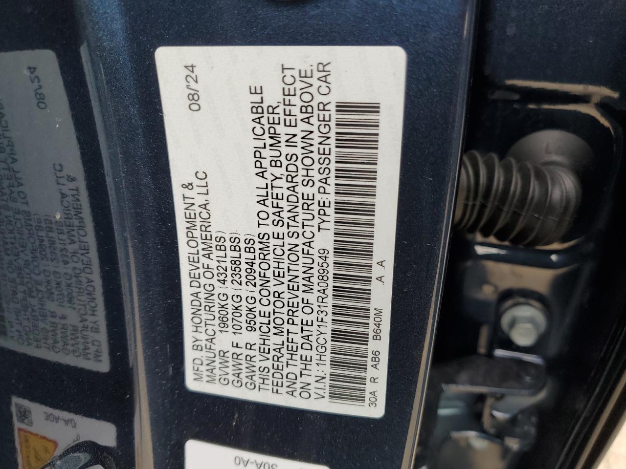 2024 HONDA ACCORD EX VIN:1HGCY1F31RA089549