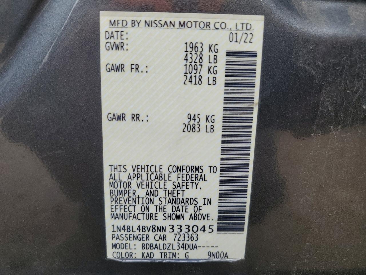 2022 NISSAN ALTIMA S VIN:1N4BL4BV8NN333045