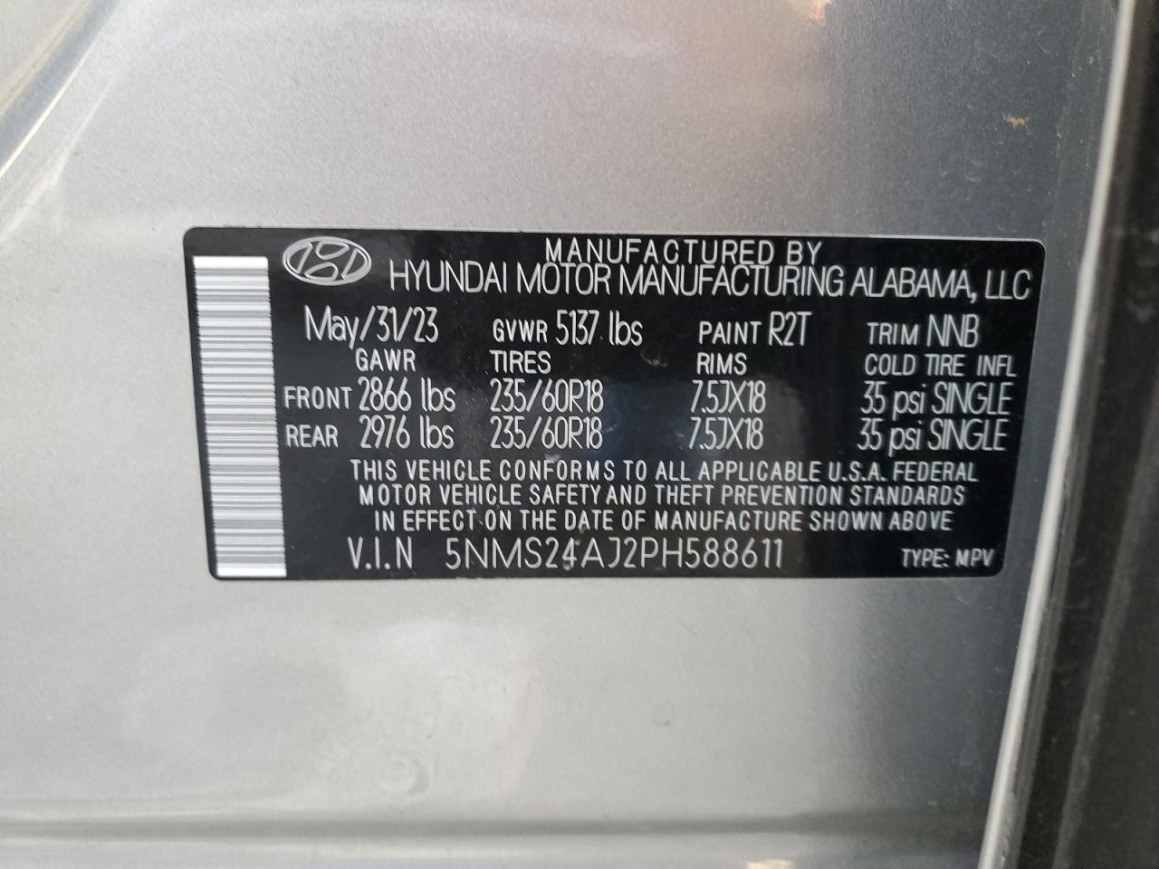 2023 HYUNDAI SANTA FE SEL VIN:5NMS24AJ2PH588611