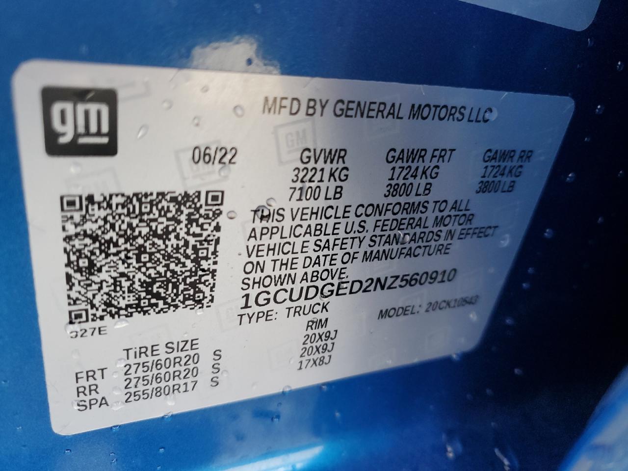 2022 CHEVROLET SILVERADO K1500 LTZ VIN:1GCUDGED2NZ560910