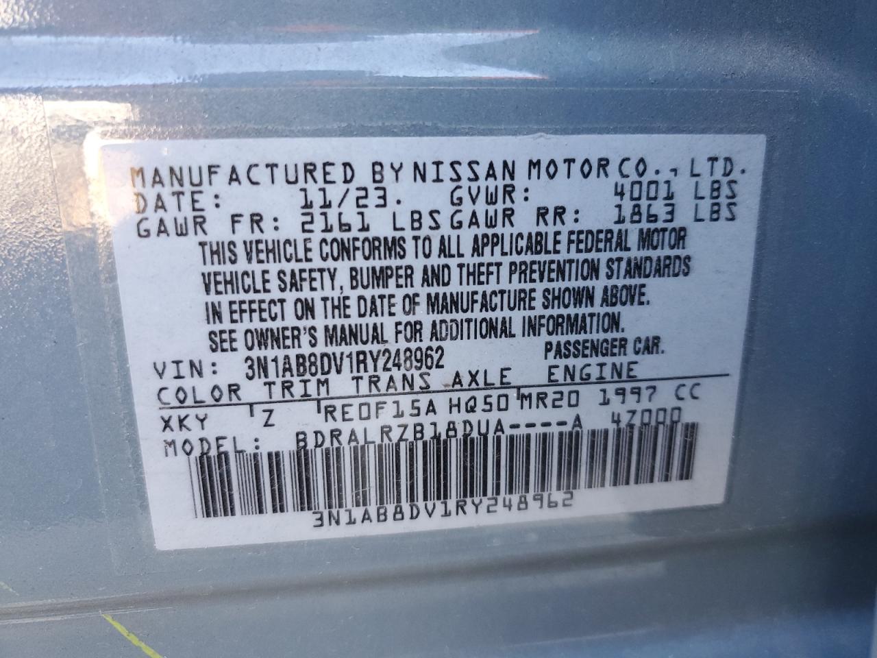 2024 NISSAN SENTRA SR VIN:3N1AB8DV1RY248962