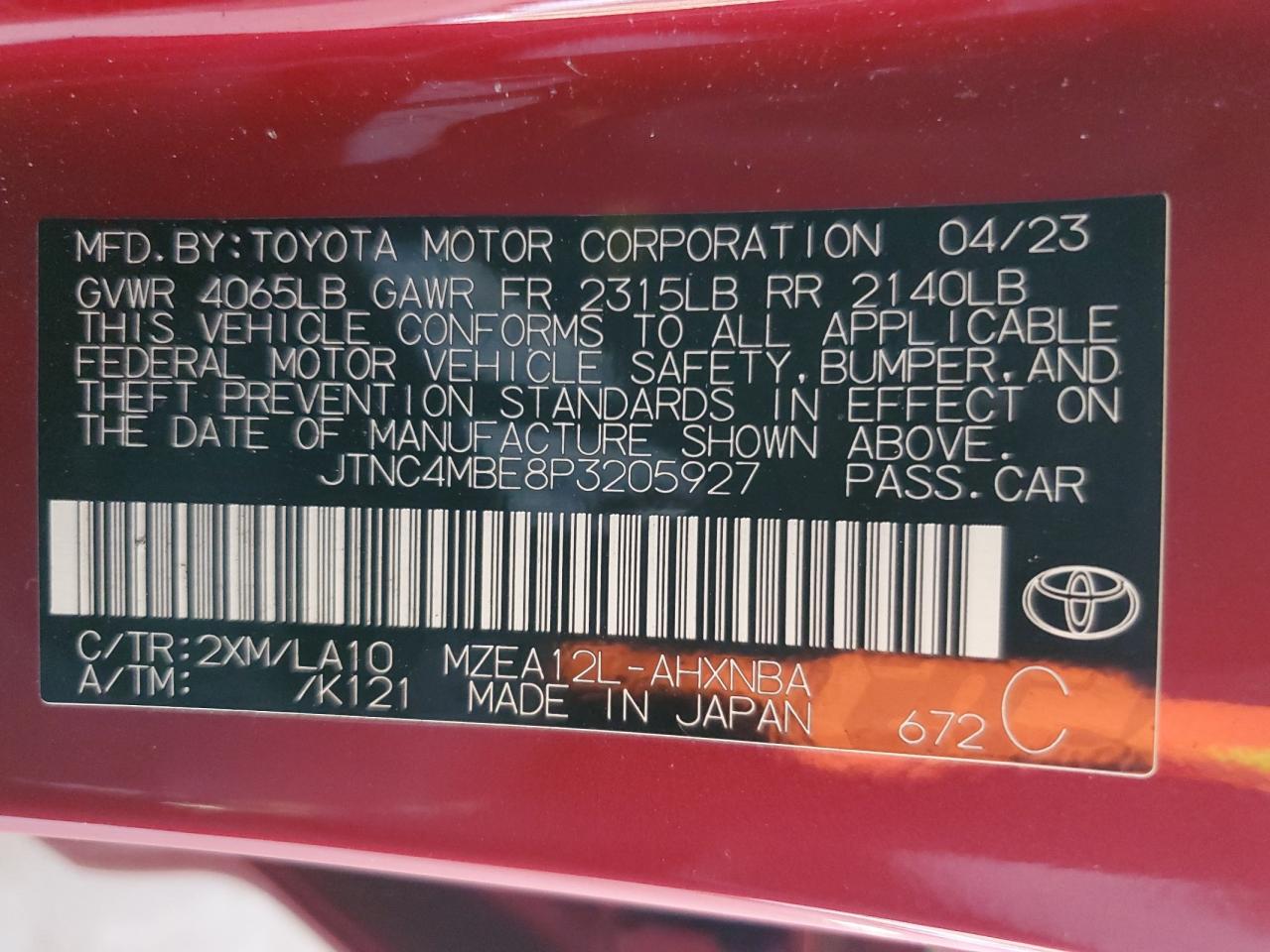 2023 TOYOTA COROLLA XSE VIN:JTNC4MBE8P3205927