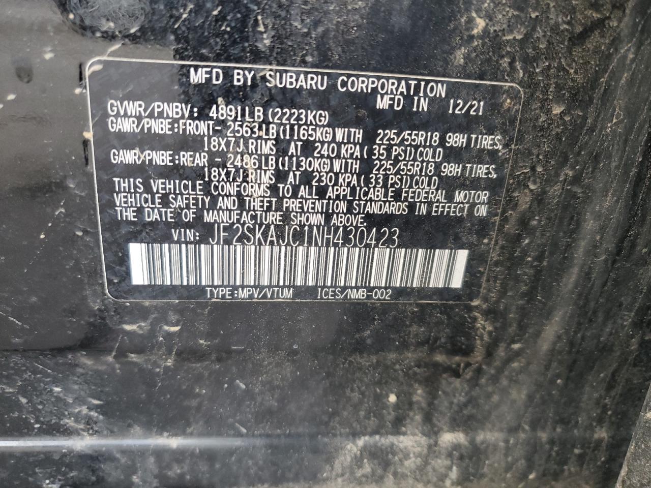 2022 SUBARU FORESTER SPORT VIN:JF2SKAJC1NH430423