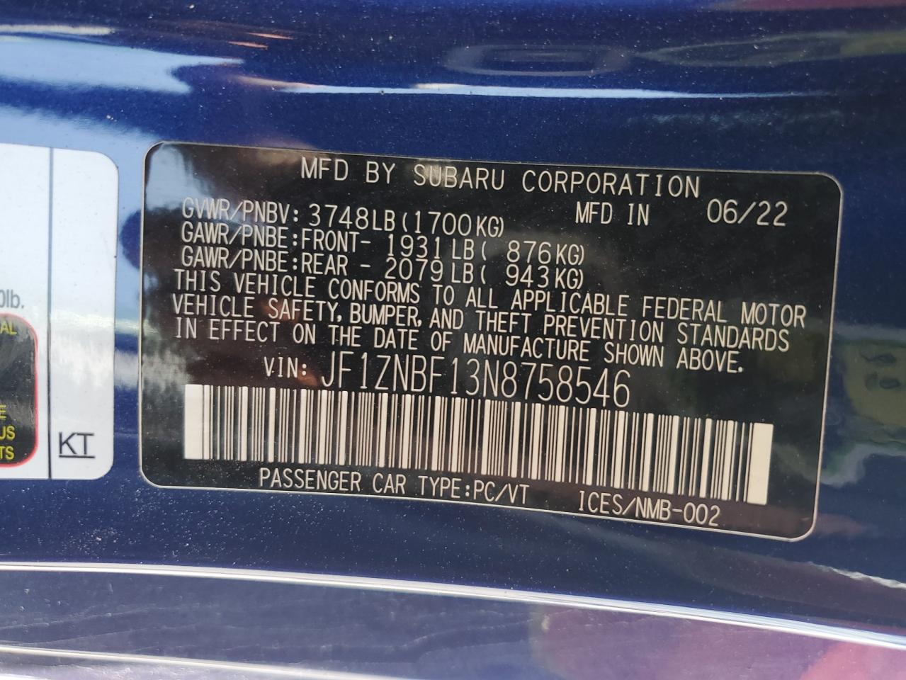 2022 TOYOTA GR 86 PREMIUM VIN:JF1ZNBF13N8758546