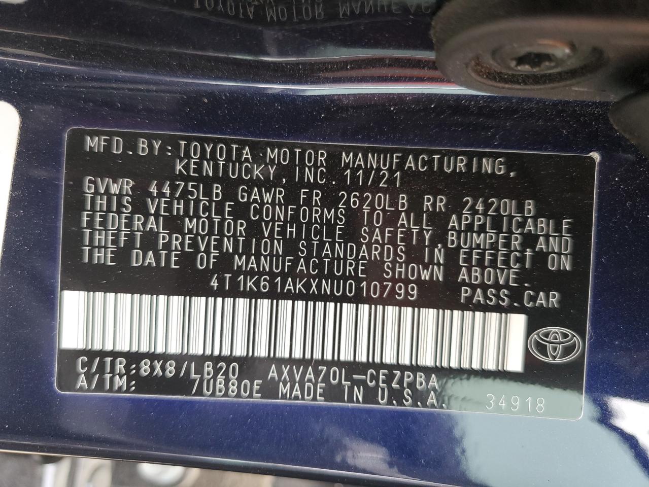 2022 TOYOTA CAMRY XSE VIN:4T1K61AKXNU010799