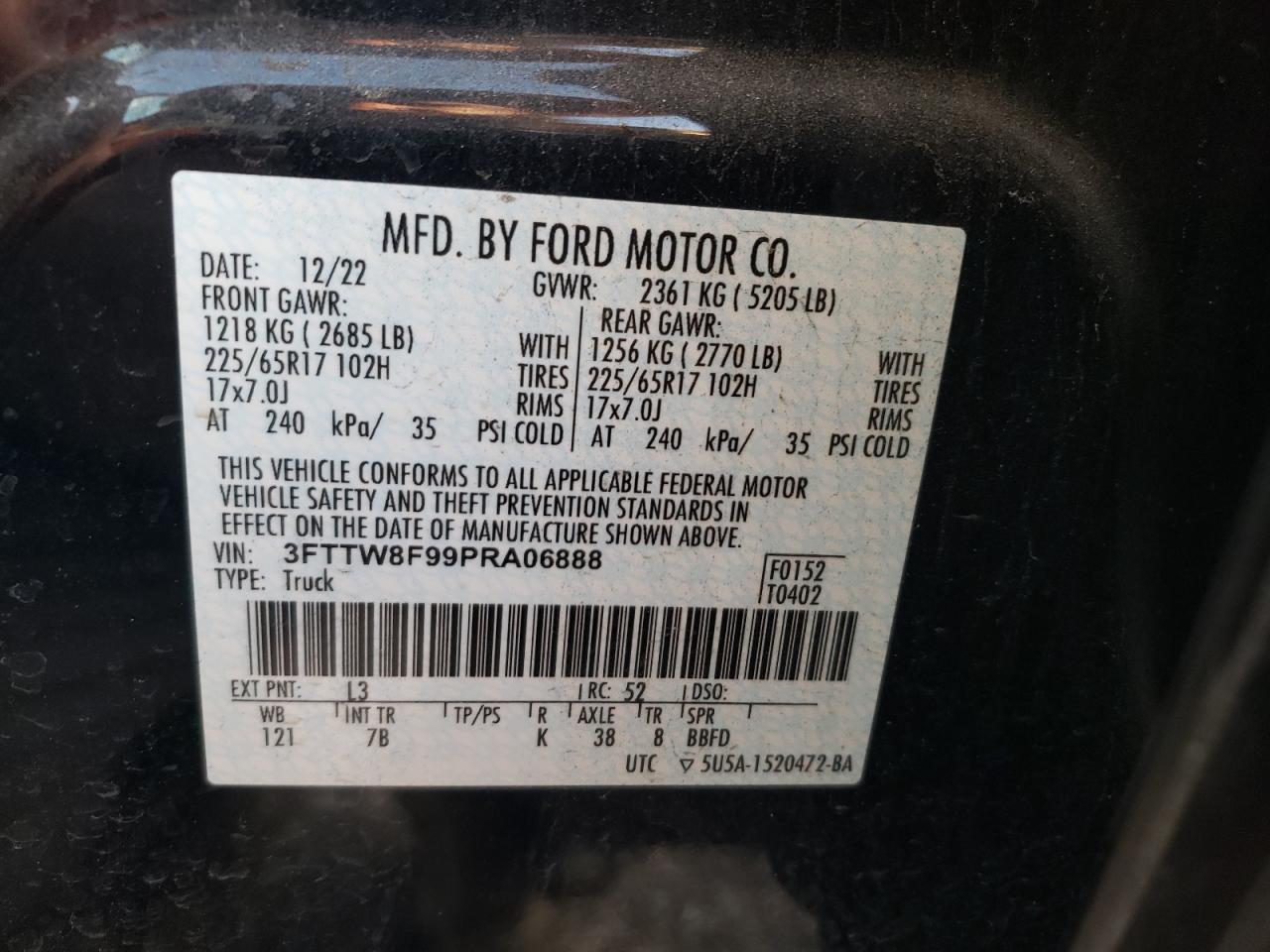 2023 FORD MAVERICK XL VIN:3FTTW8F99PRA06888