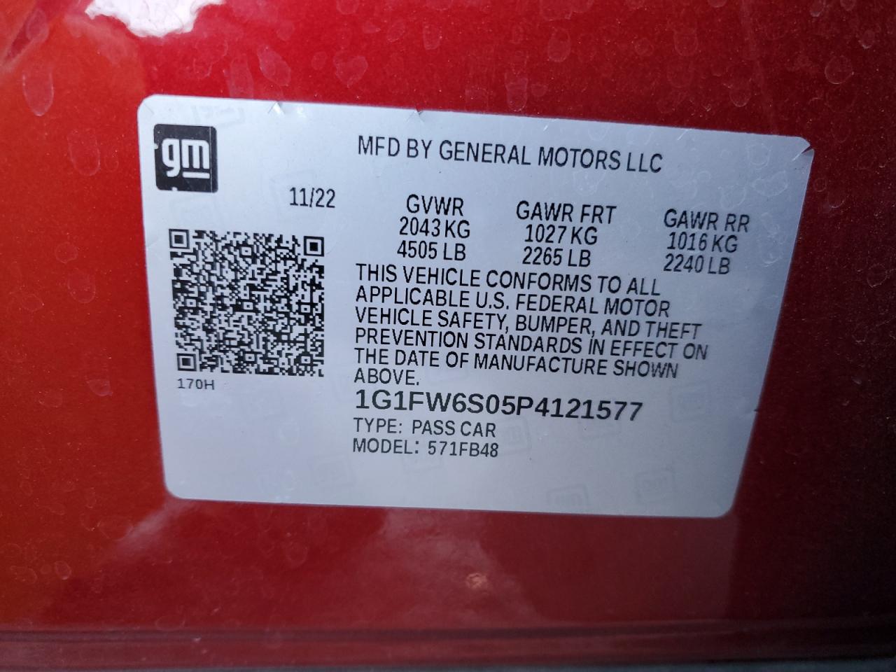 2023 CHEVROLET BOLT EV 1LT VIN:1G1FW6S05P4121577