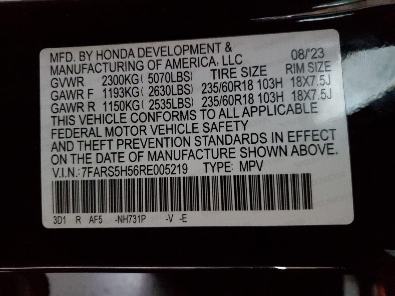 2024 HONDA CR-V SPORT VIN:7FARS5H56RE005219