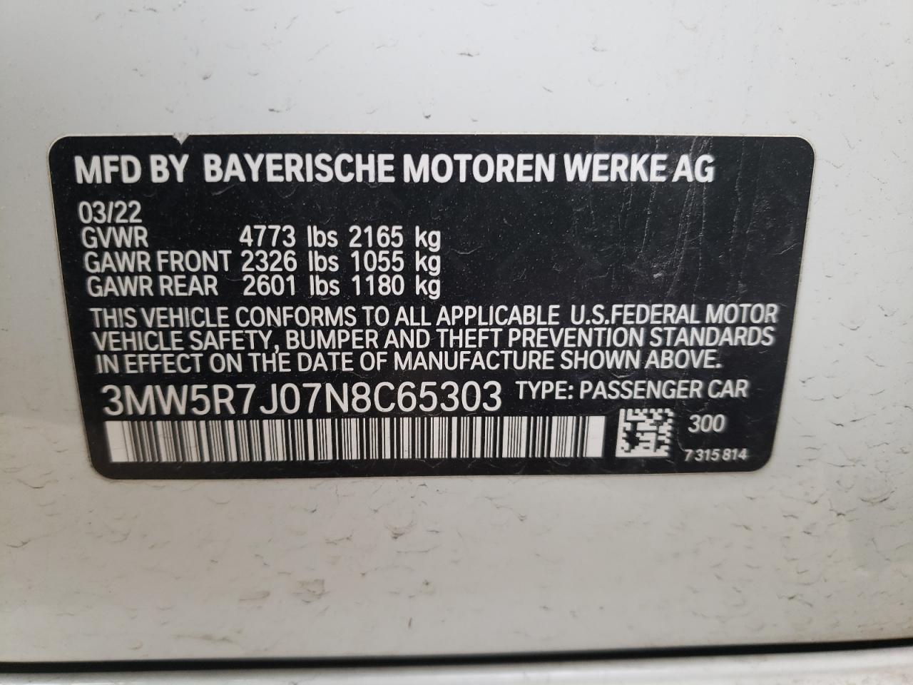 2022 BMW 330XI  VIN:3MW5R7J07N8C65303