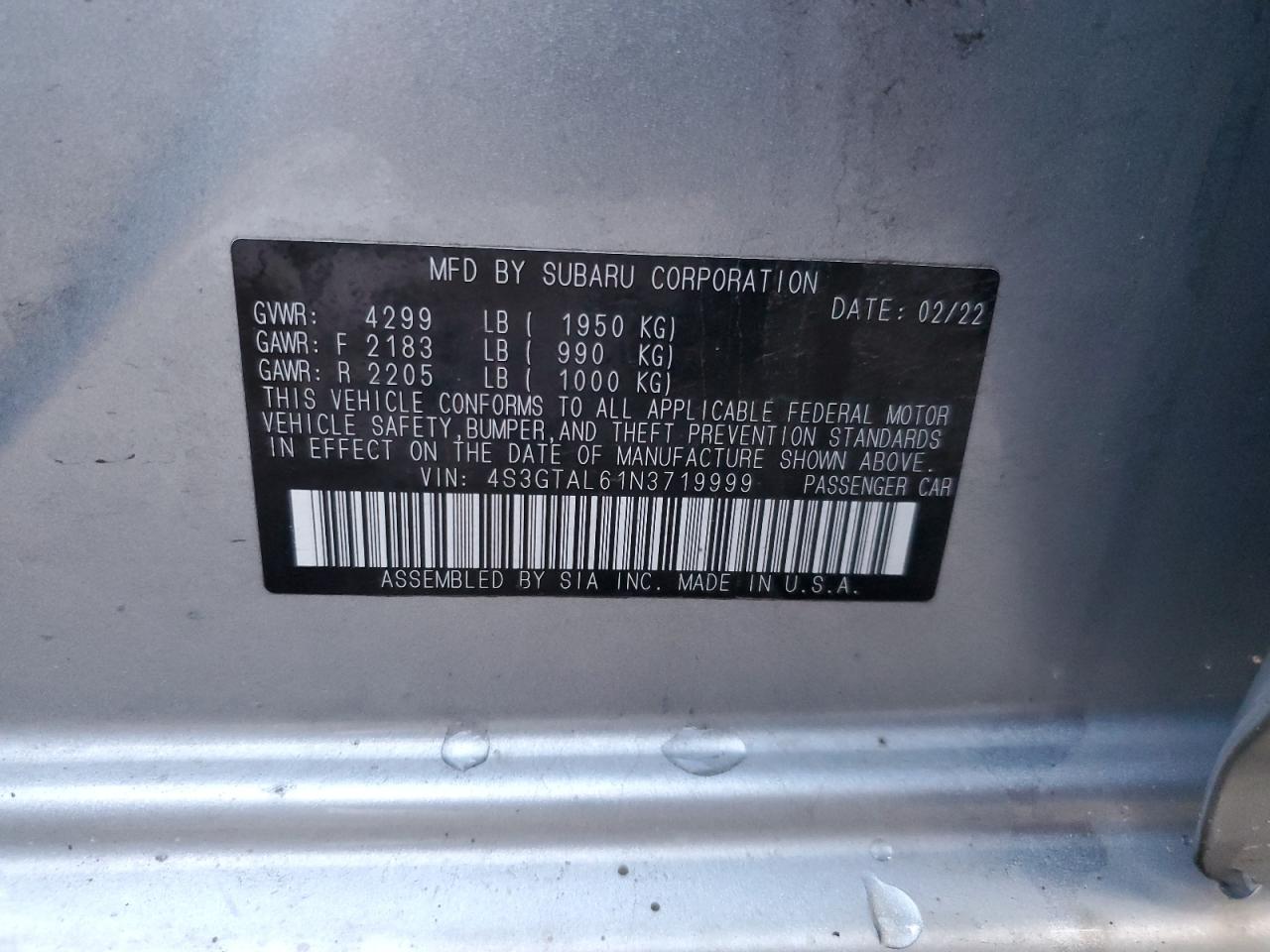 2022 SUBARU IMPREZA SPORT VIN:4S3GTAL61N3719999