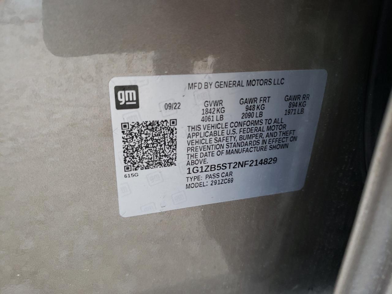 2022 CHEVROLET MALIBU LS VIN:1G1ZB5ST2NF214829