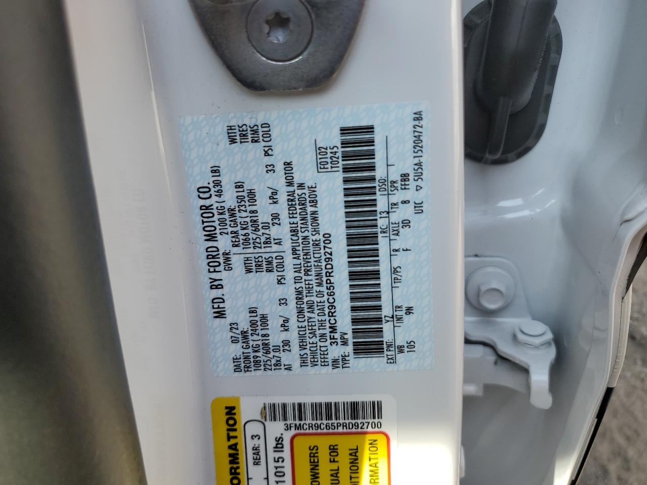 2023 FORD BRONCO SPORT OUTER BANKS VIN:3FMCR9C65PRD92700