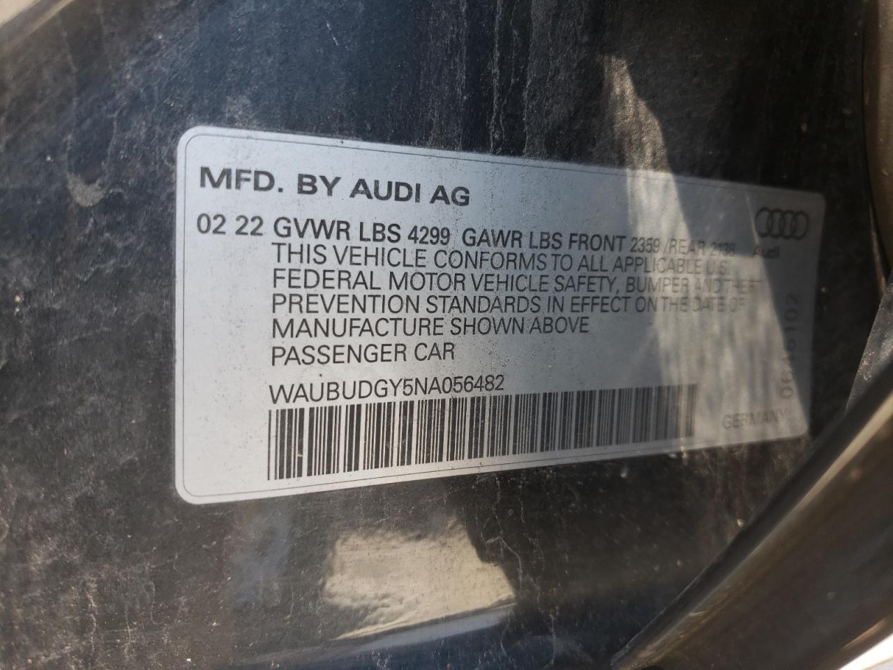 2022 AUDI A3 PREMIUM PLUS VIN:WAUBUDGY5NA056482