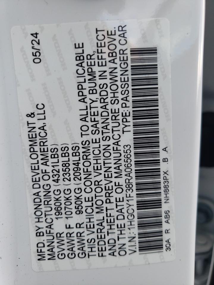 2024 HONDA ACCORD EX VIN:1HGCY1F38RA065653