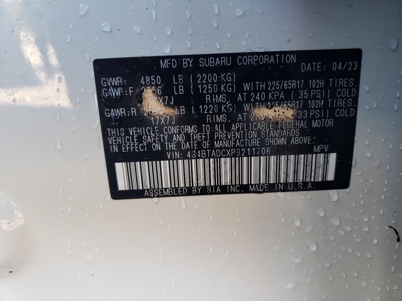 2023 SUBARU OUTBACK PREMIUM VIN:4S4BTADCXP3211706