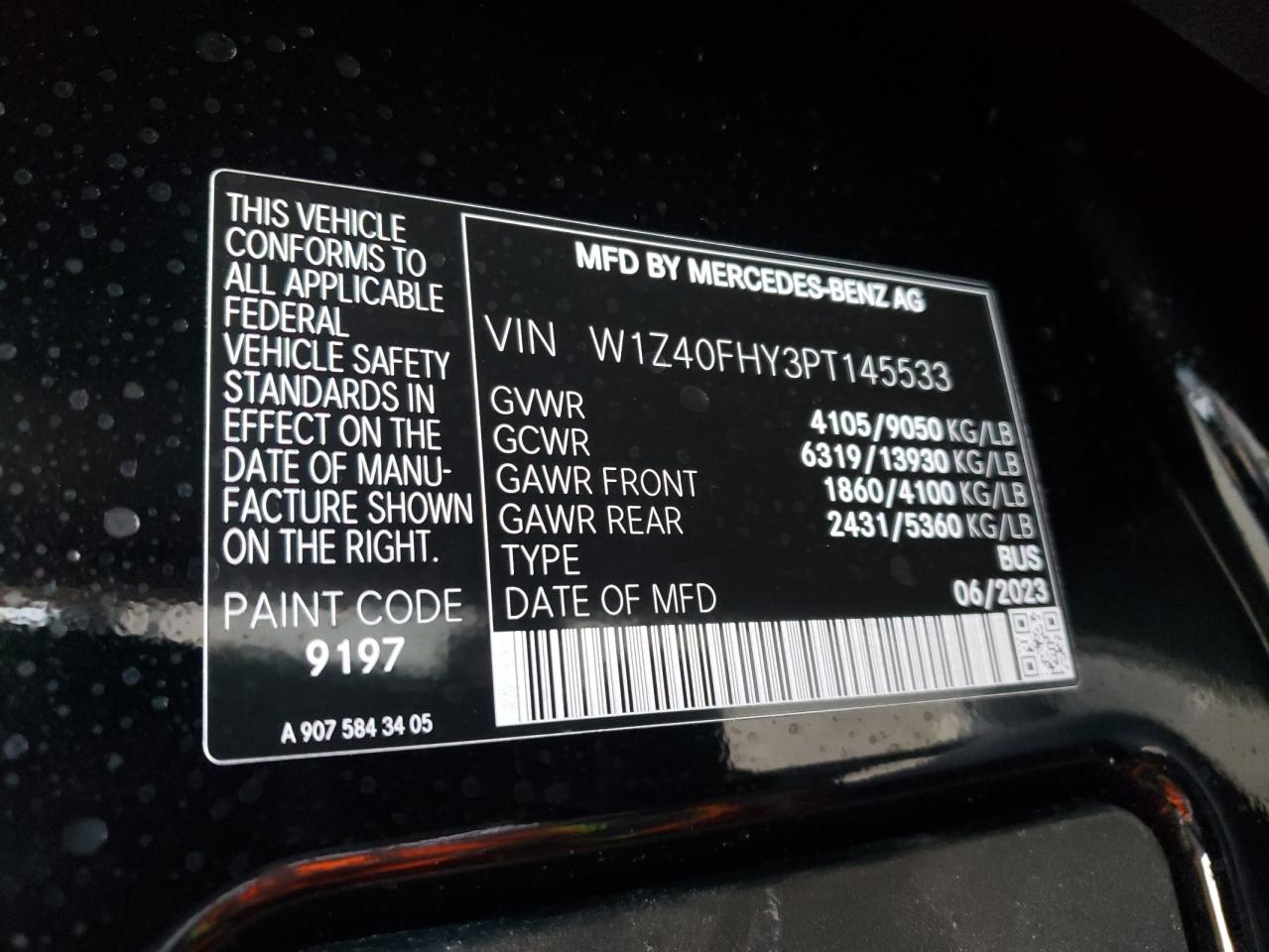 2023 MERCEDES-BENZ SPRINTER 2500 VIN:W1Z40FHY3PT145533