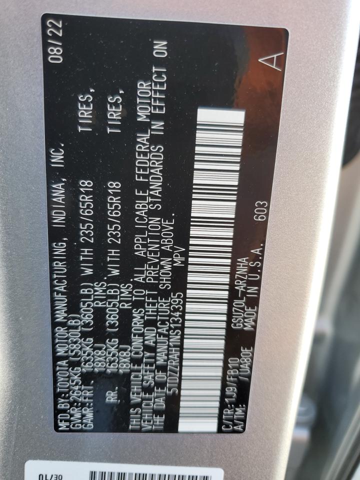 2022 TOYOTA HIGHLANDER L VIN:5TDZZRAH1NS134395