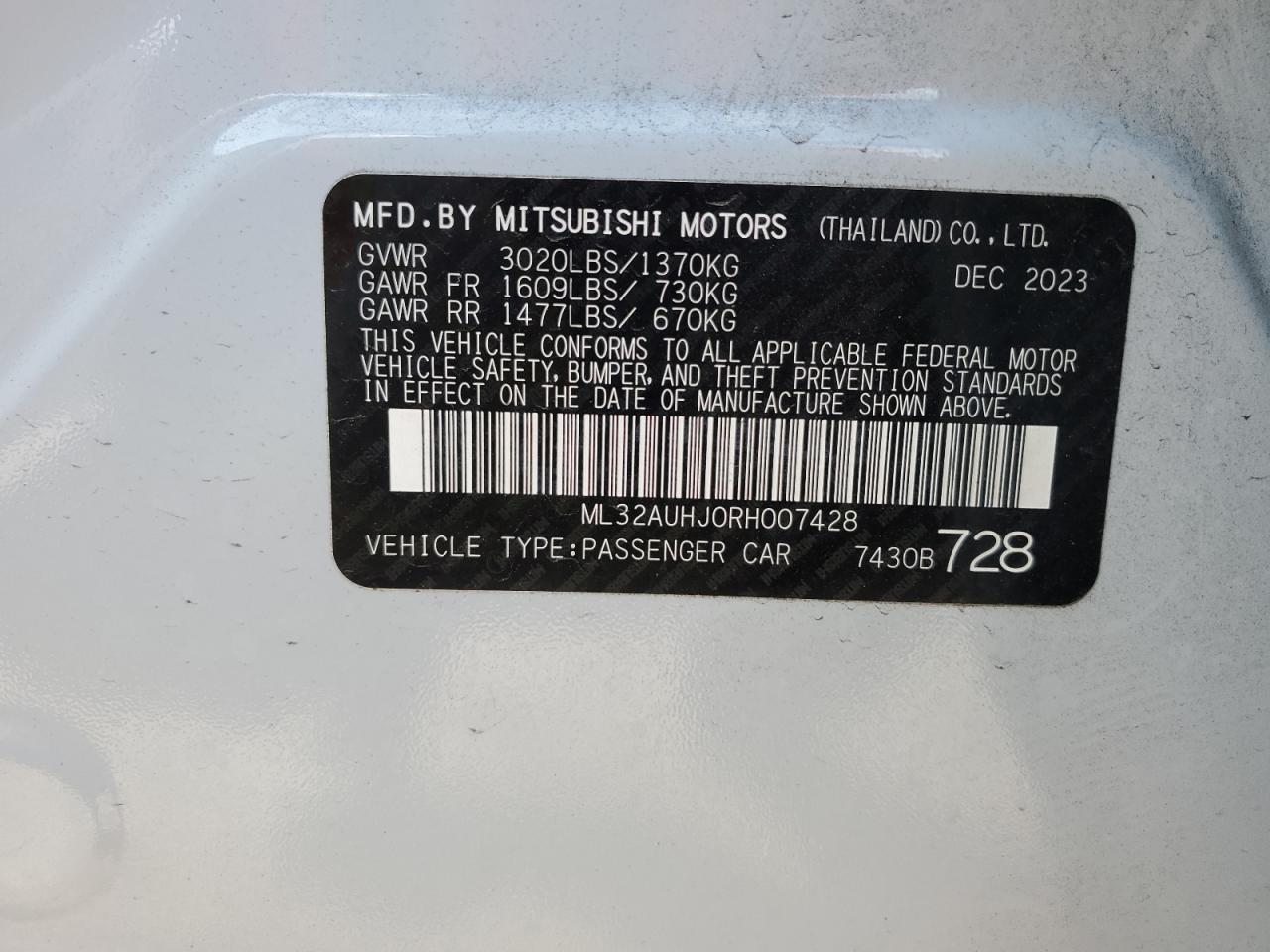 2024 MITSUBISHI MIRAGE ES VIN:ML32AUHJ0RH007428