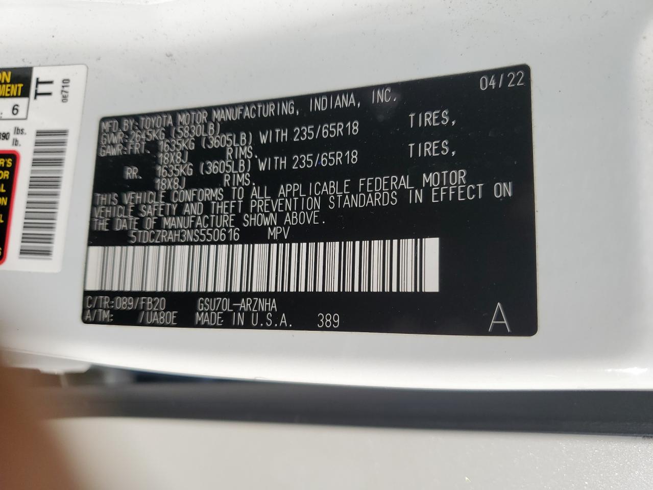2022 TOYOTA HIGHLANDER L VIN:5TDCZRAH3NS550616