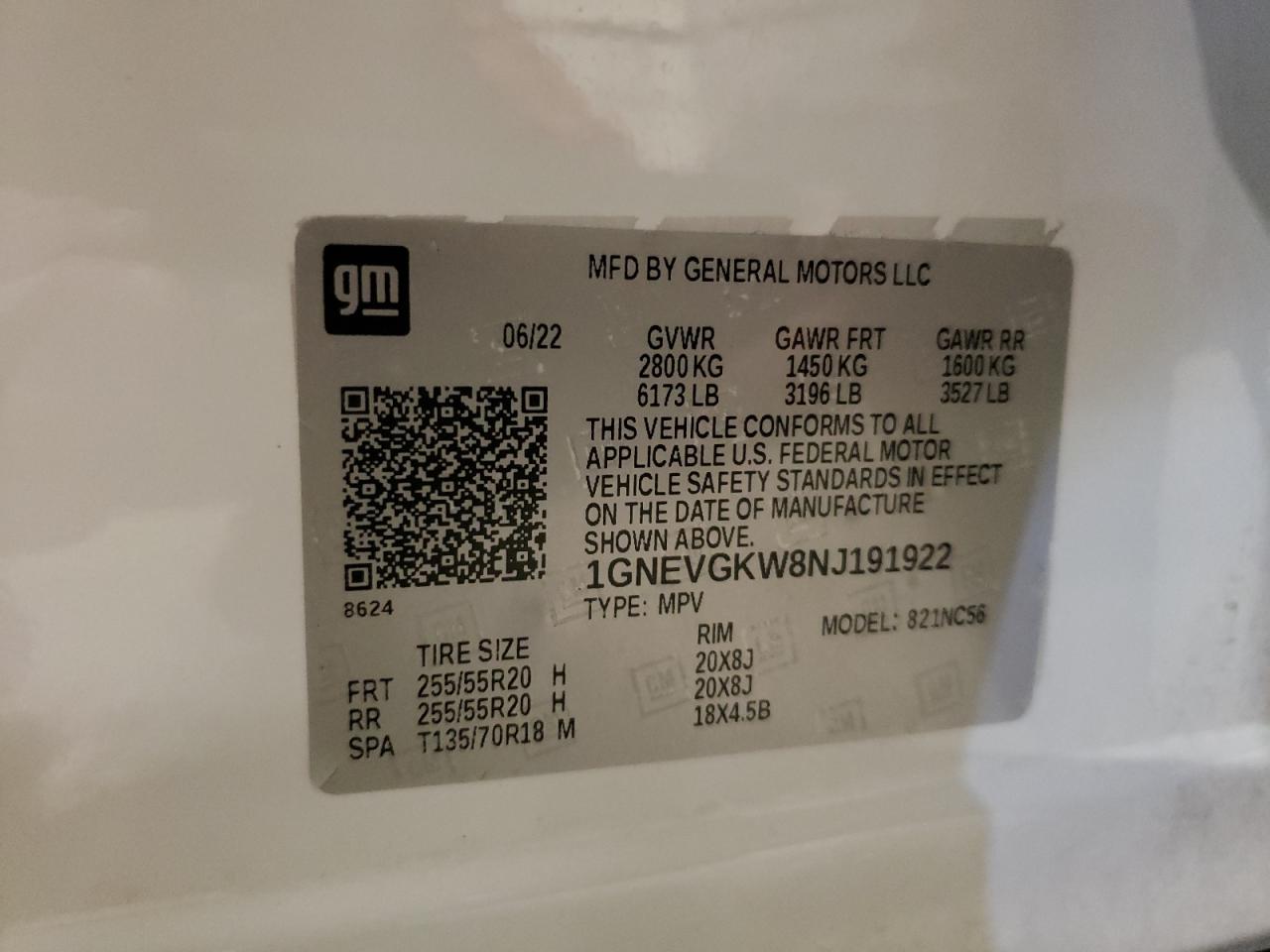 2022 CHEVROLET TRAVERSE LT VIN:1GNEVGKW8NJ191922