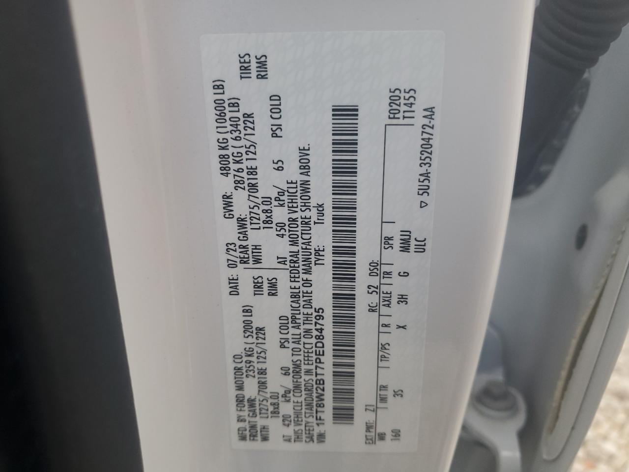 2023 FORD F250 SUPER DUTY VIN:1FT8W2BT7PED84795