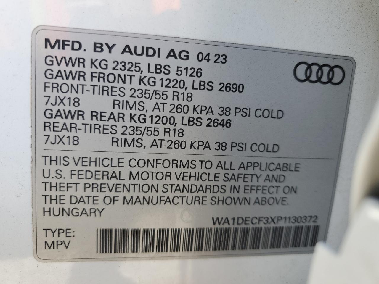 2023 AUDI Q3 PREMIUM S LINE 45 VIN:WA1DECF3XP1130372