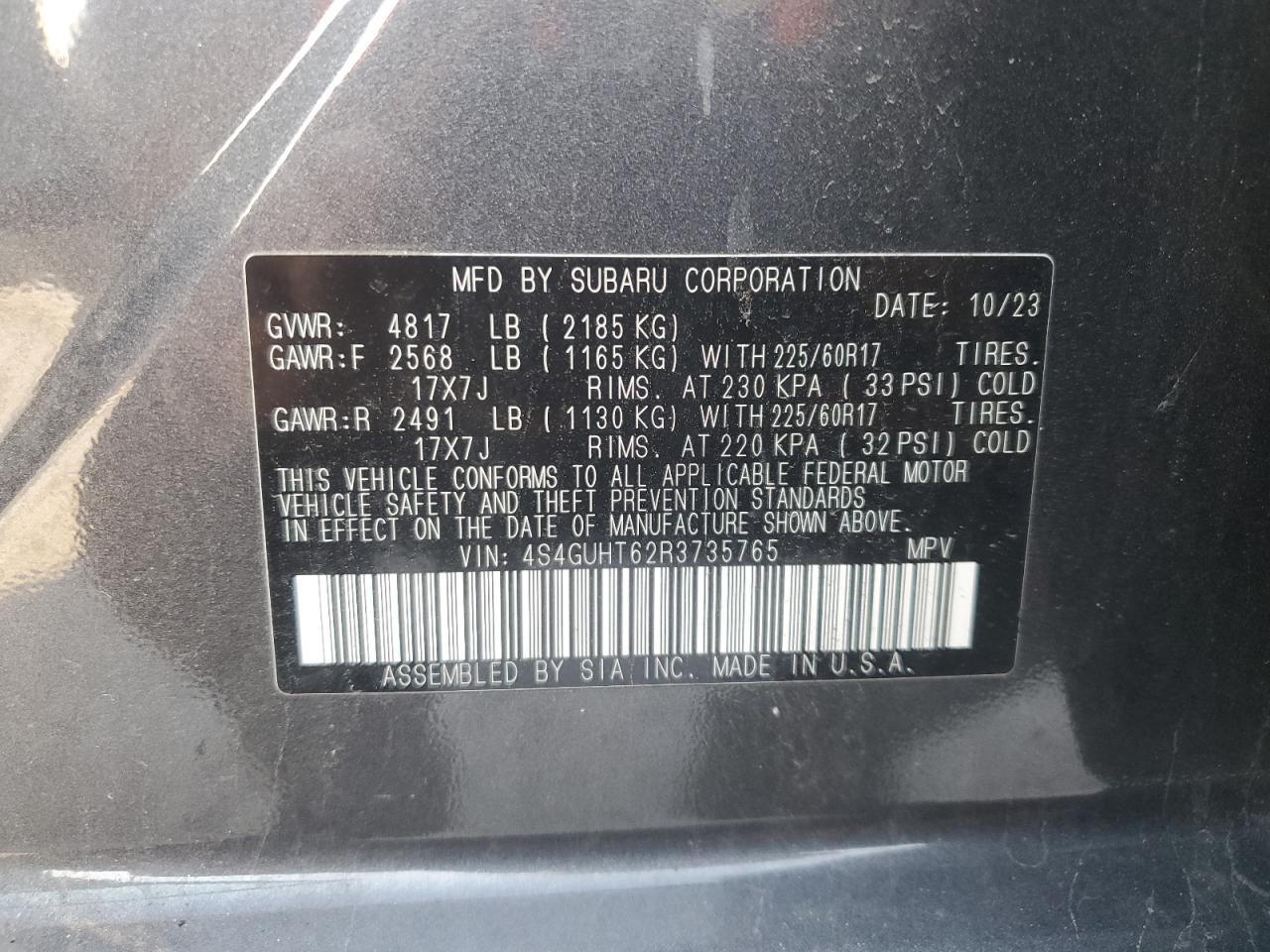 2024 SUBARU CROSSTREK WILDERNESS VIN:4S4GUHT62R3735765