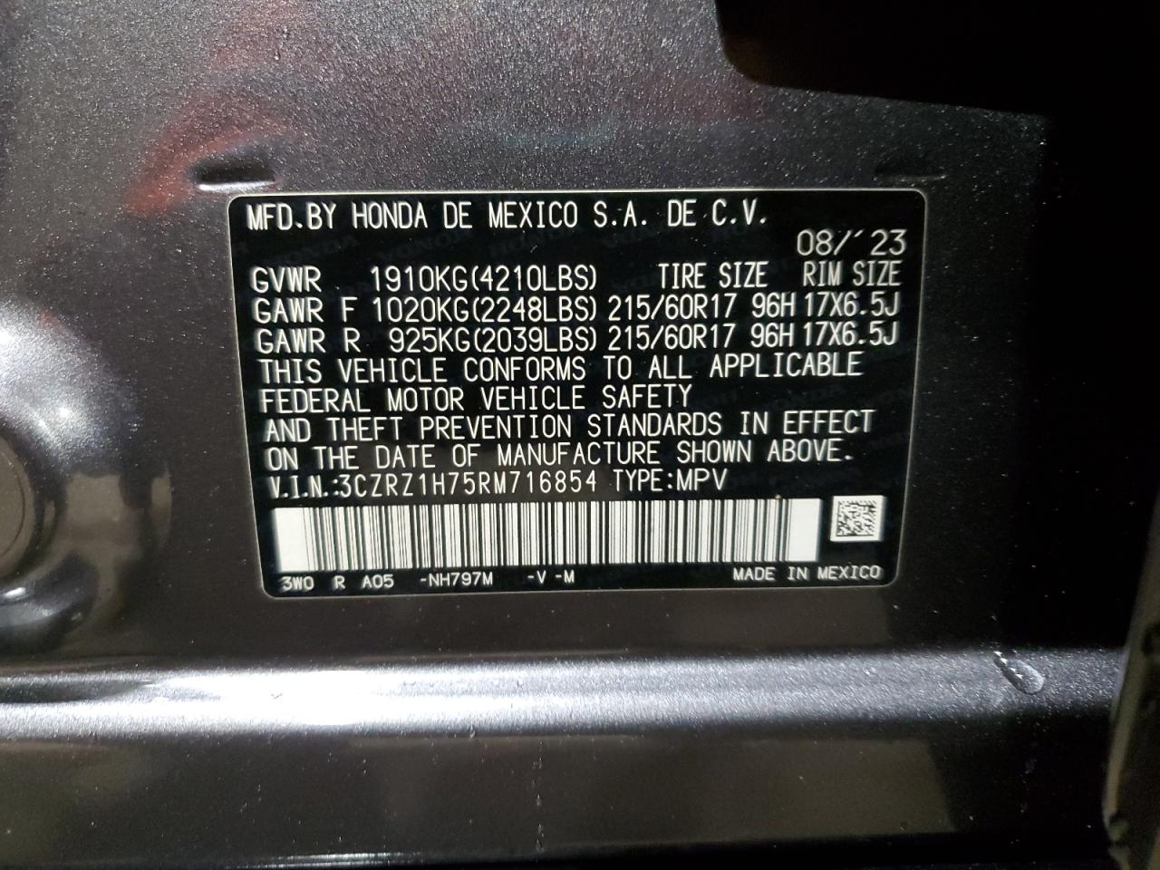 2024 HONDA HR-V EXL VIN:3CZRZ1H75RM716854