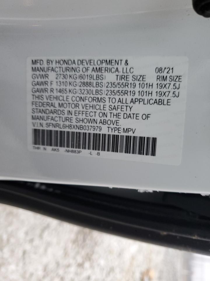 2022 HONDA ODYSSEY TOURING VIN:5FNRL6H8XNB037979