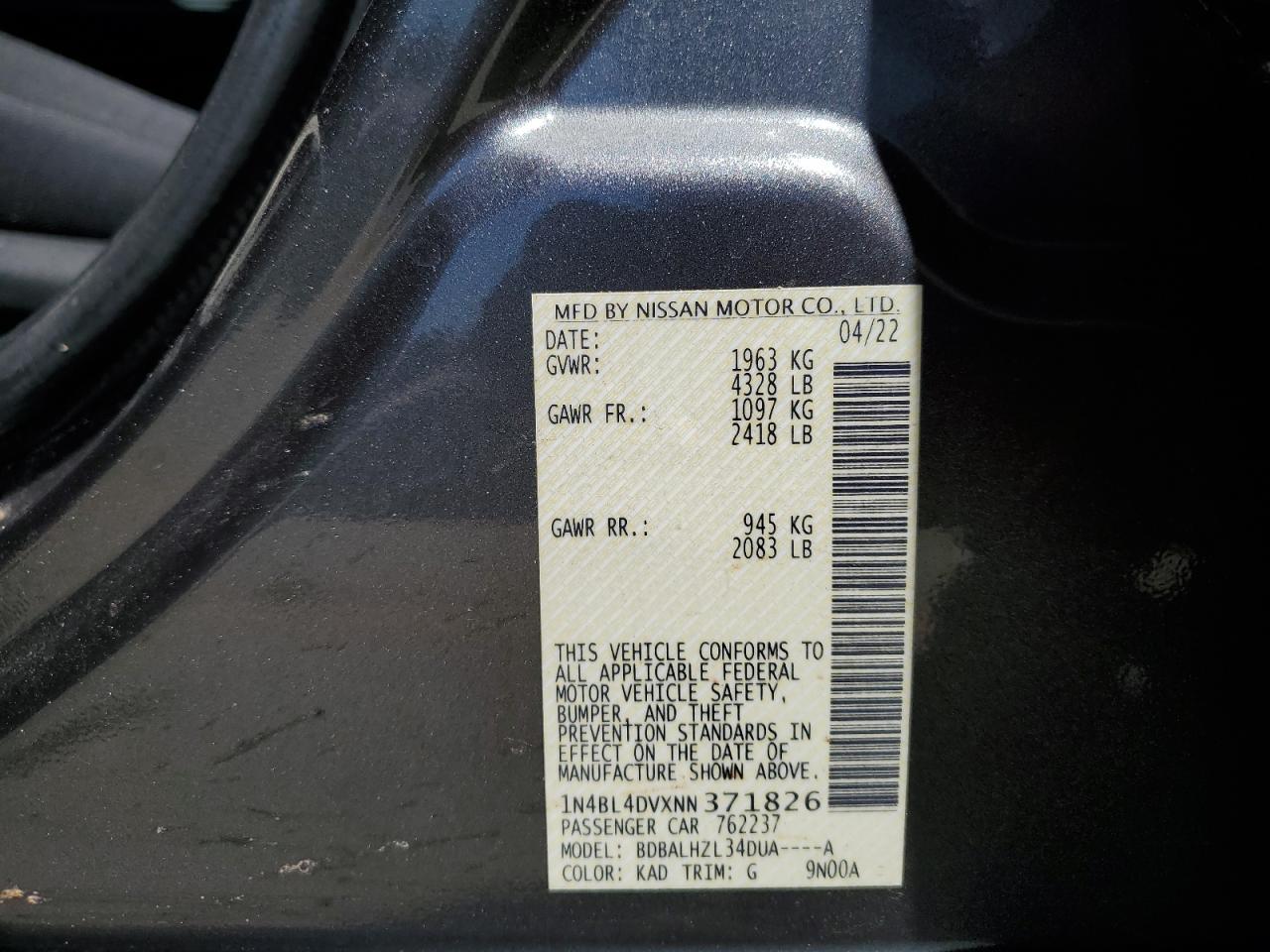 2022 NISSAN ALTIMA SV VIN:1N4BL4DVXNN371826