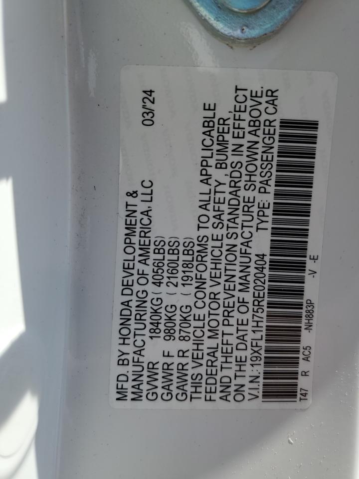 2024 HONDA CIVIC EXL VIN:19XFL1H75RE020404