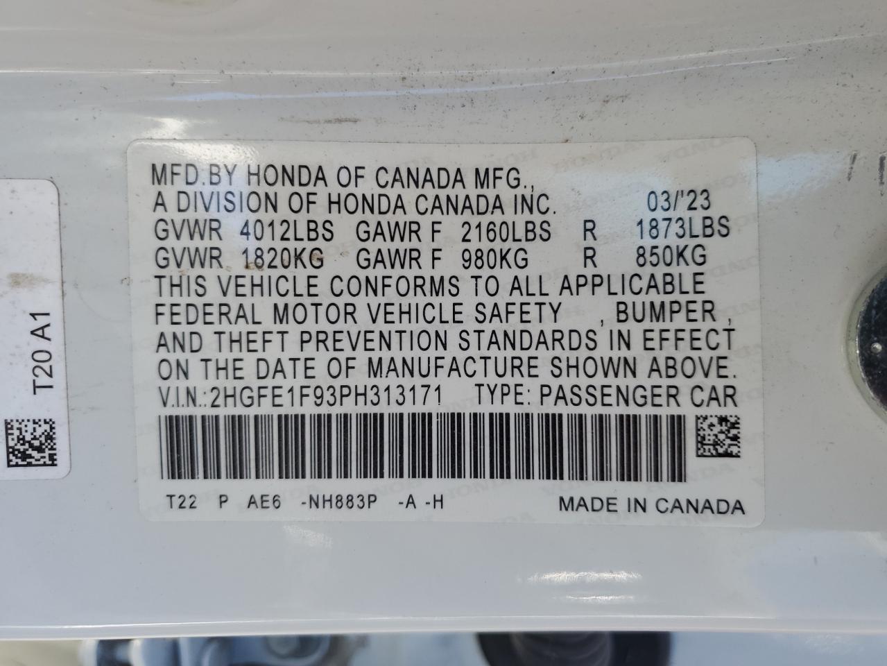 2023 HONDA CIVIC TOURING VIN:2HGFE1F93PH313171