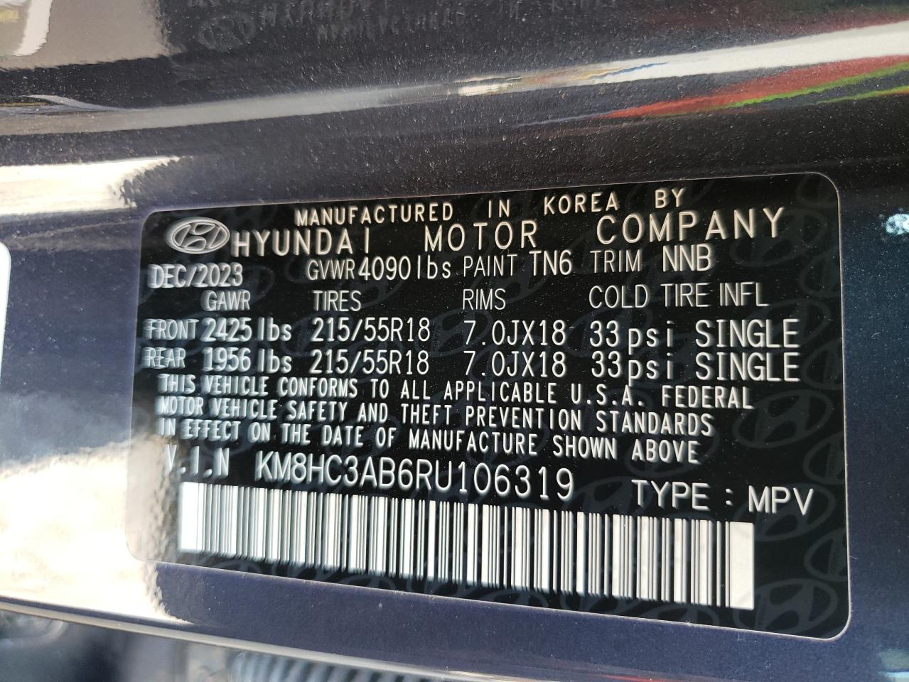 2024 HYUNDAI KONA SEL VIN:KM8HC3AB6RU106319