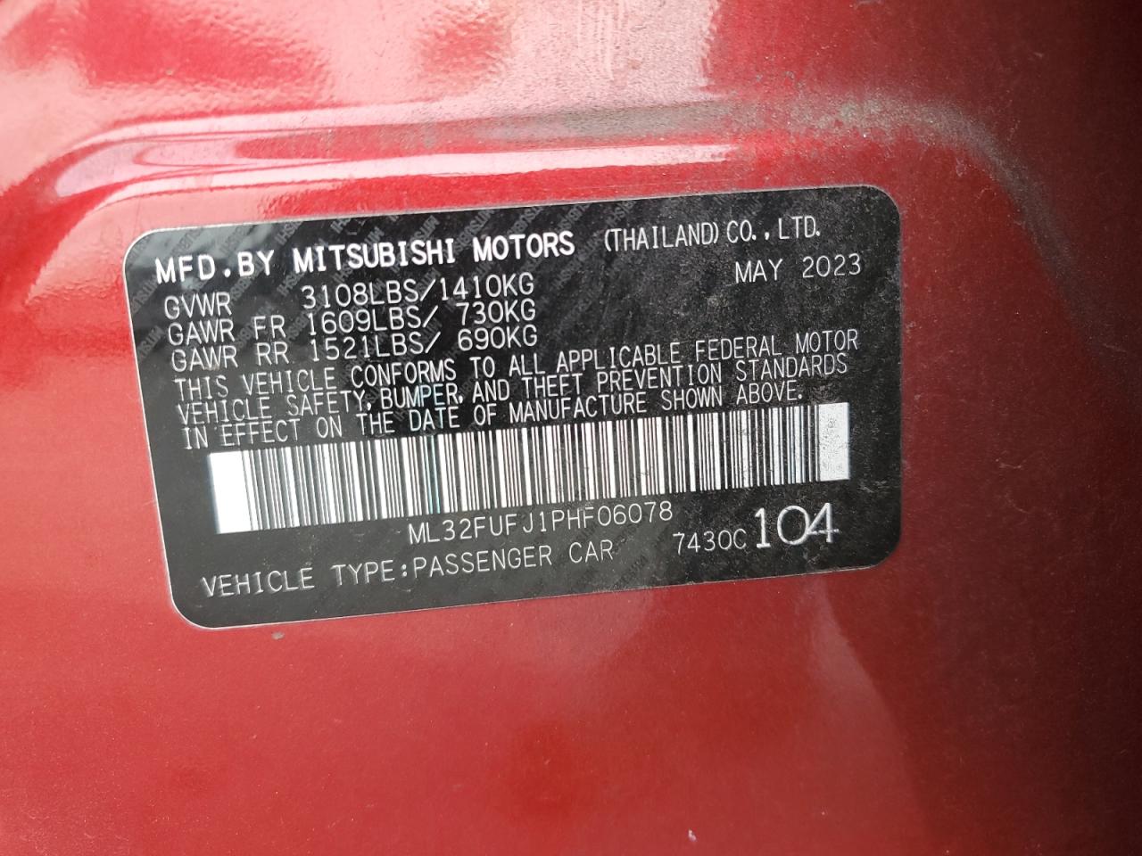 2023 MITSUBISHI MIRAGE G4 ES VIN:ML32FUFJ1PHF06078