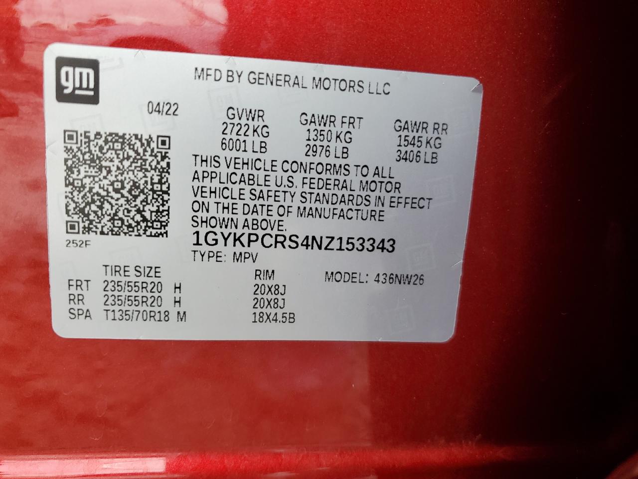 2022 CADILLAC XT6 PREMIUM LUXURY VIN:1GYKPCRS4NZ153343