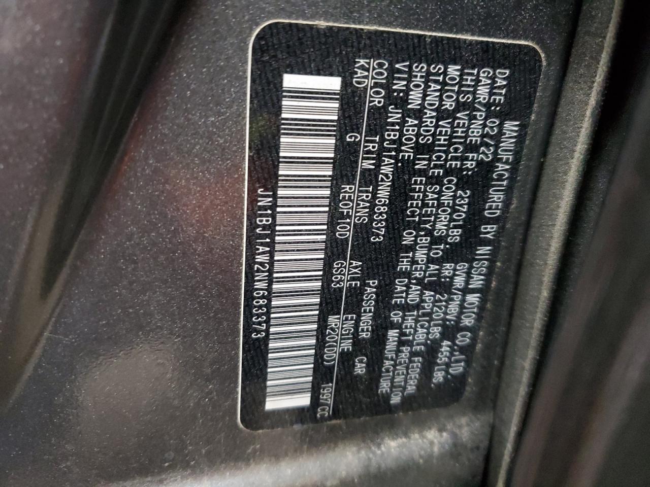 2022 NISSAN ROGUE SPORT S VIN:JN1BJ1AW2NW683373