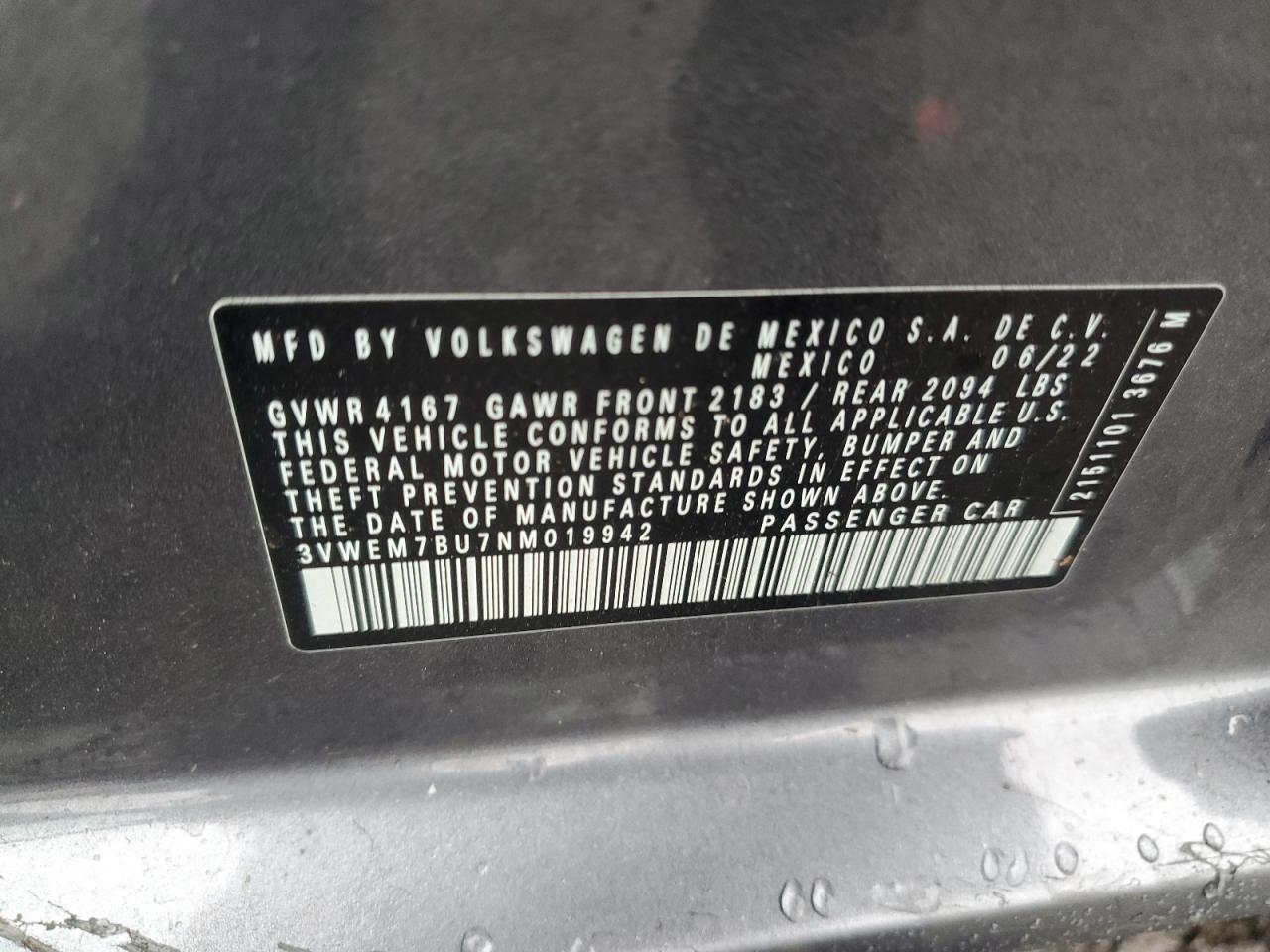 2022 VOLKSWAGEN JETTA SE VIN:3VWEM7BU7NM019942