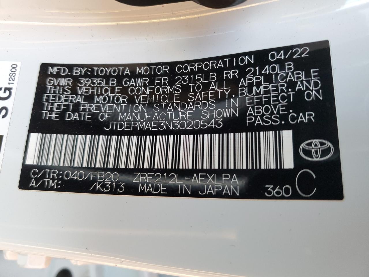 2022 TOYOTA COROLLA LE VIN:JTDEPMAE3N3020543
