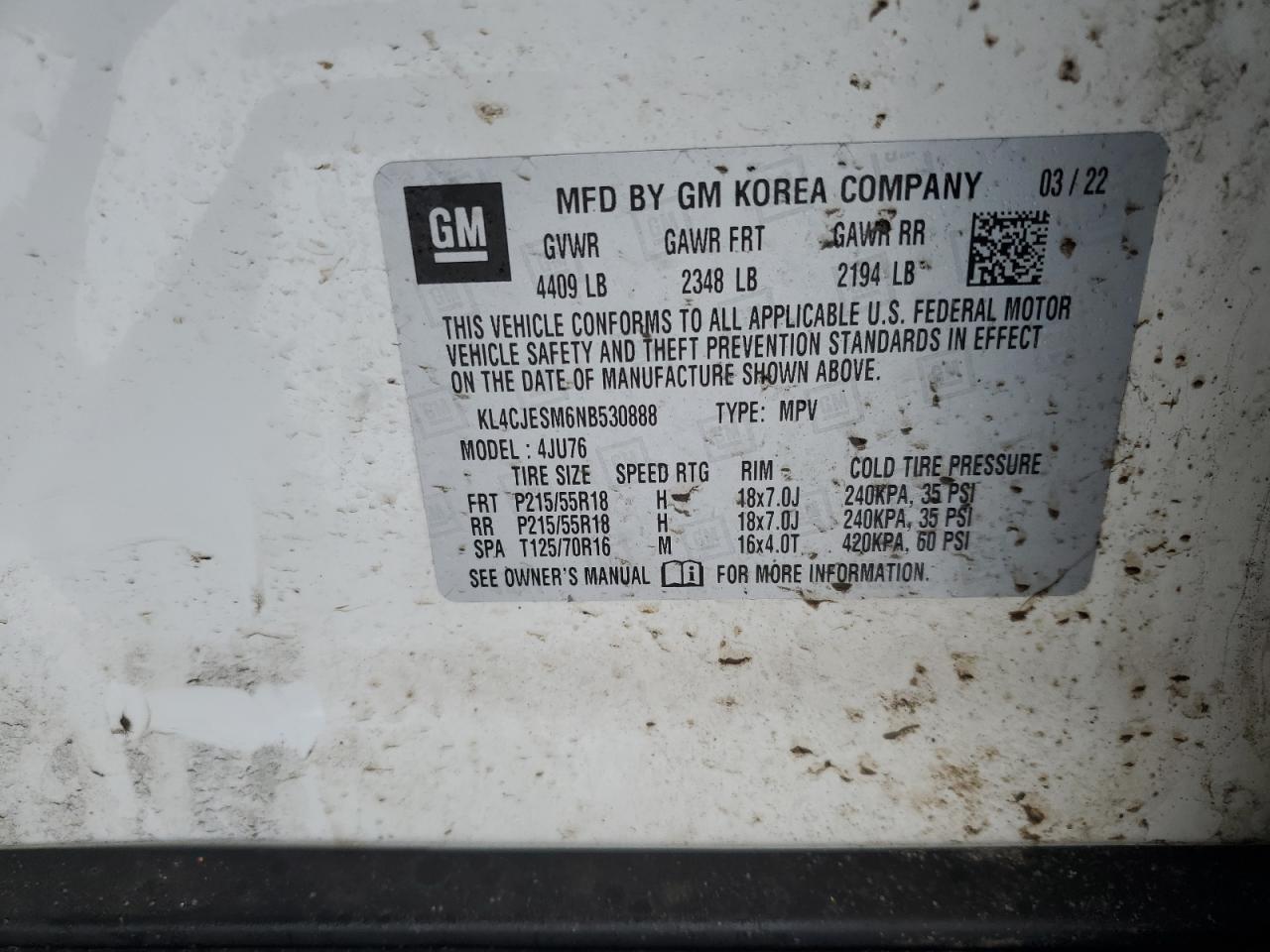 2022 BUICK ENCORE PREFERRED VIN:KL4CJESM6NB530888