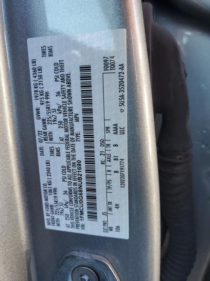 2022 FORD ESCAPE SE VIN:1FMCU0G68NUB21690