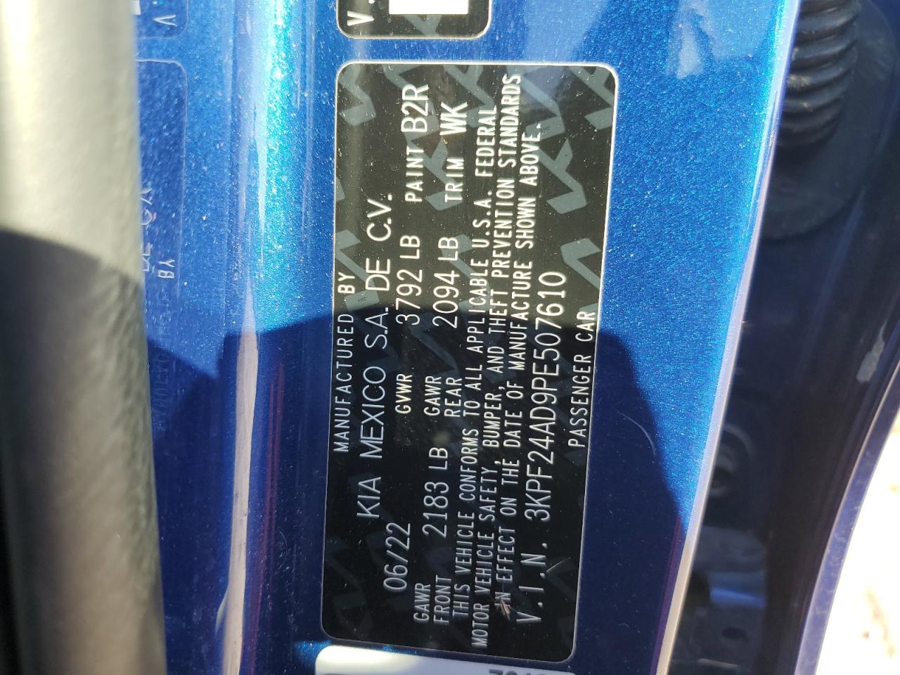 2023 KIA FORTE LX VIN:3KPF24AD9PE507610